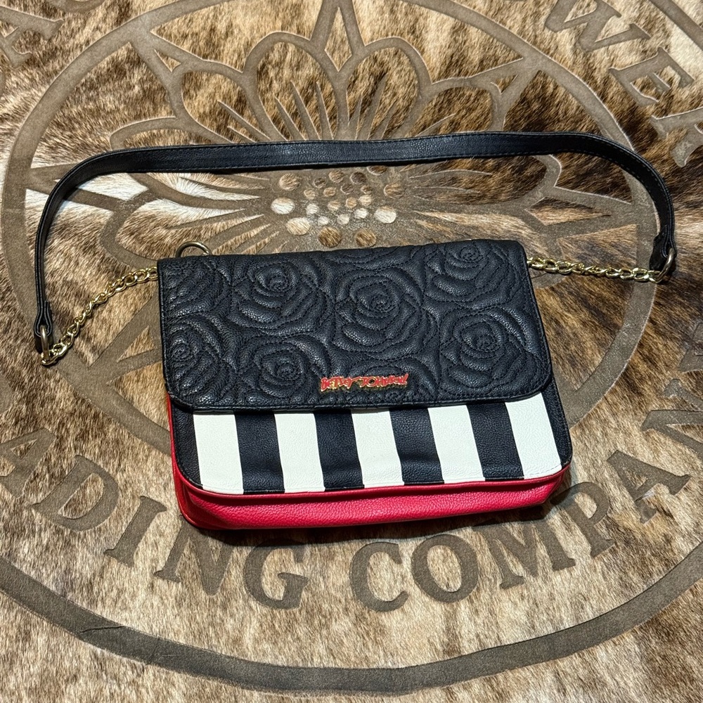 Betsey Johnson Black Roses, Black And White Striped Crossbody